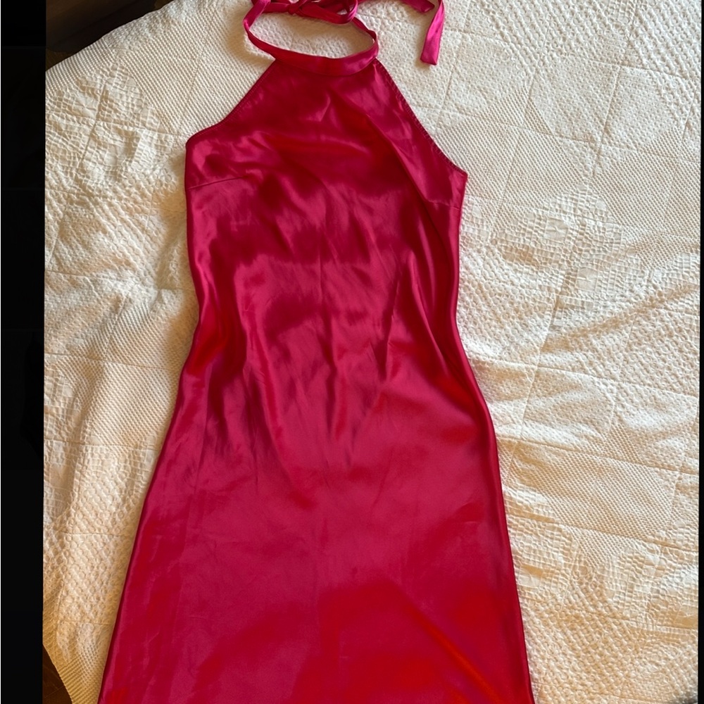 Pink Satin High Neck Midi Dress |